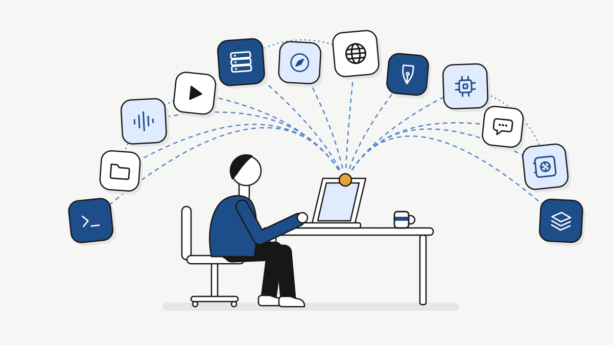 One person at a desk with a laptop, twelve small app tiles in an arc above, linked to the laptop and to each other by dashed lines