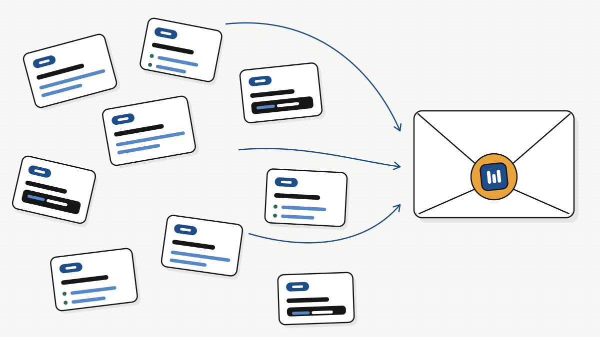 Scattered changelog cards on the left, gathered by arrows into one sealed envelope on the right