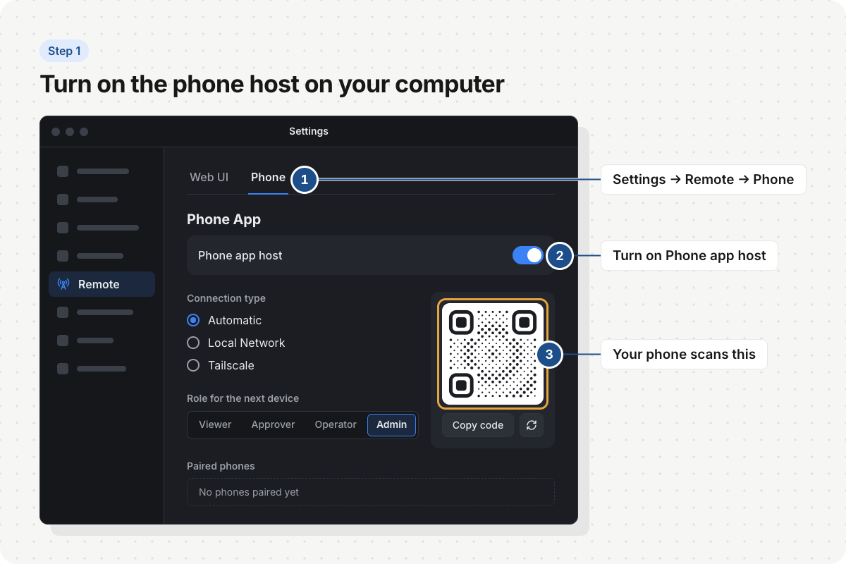 1DevTool Desktop settings, Remote tab, Phone section: the Phone app host switch turned on, a pairing code, and the role picker set to Admin