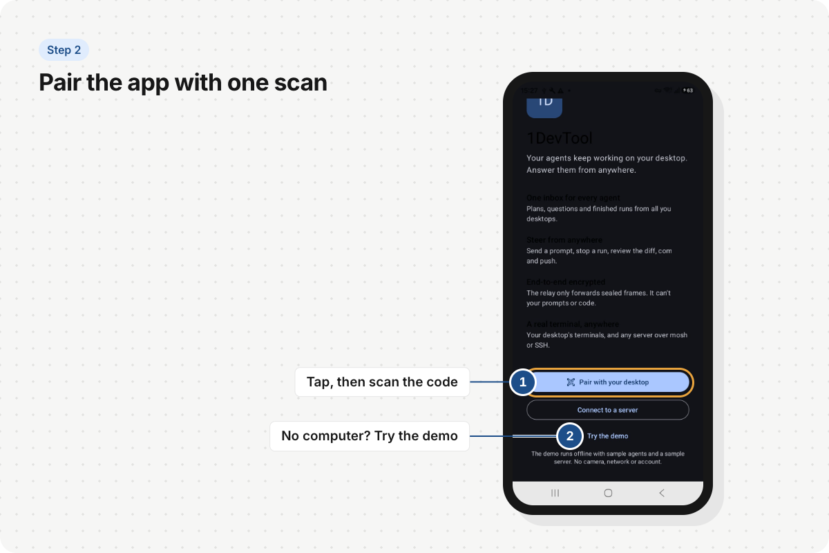 The 1DevTool app’s first screen with the Pair with your desktop button highlighted, and Try the demo below it