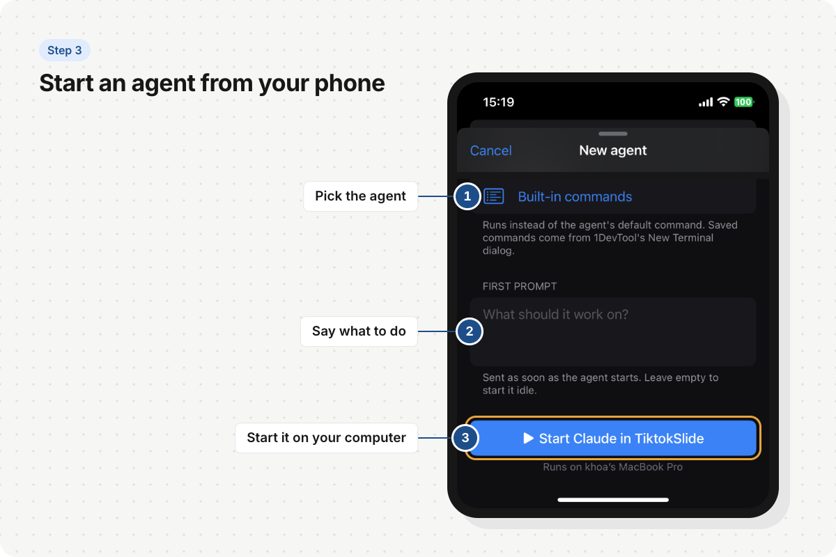 The New agent sheet on iPhone: built-in commands, a first-prompt box, and the Start button